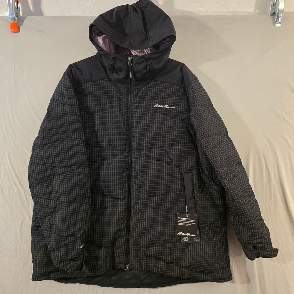 Eddie Bauer Night Ski Down Jacket XXL Womens Black Reflective Grid 650-Fill Down